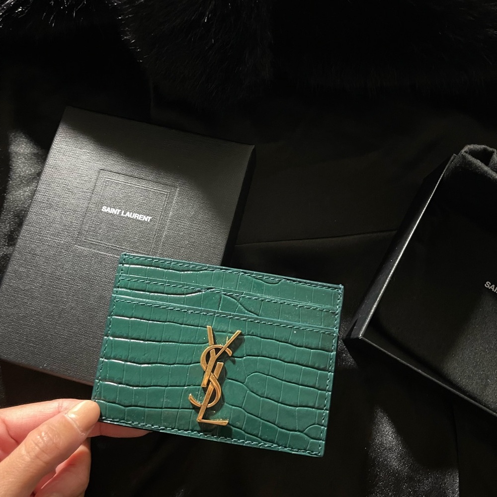 100% Authentic embossed green YSL Card Holder BRAND NEW IN BOX